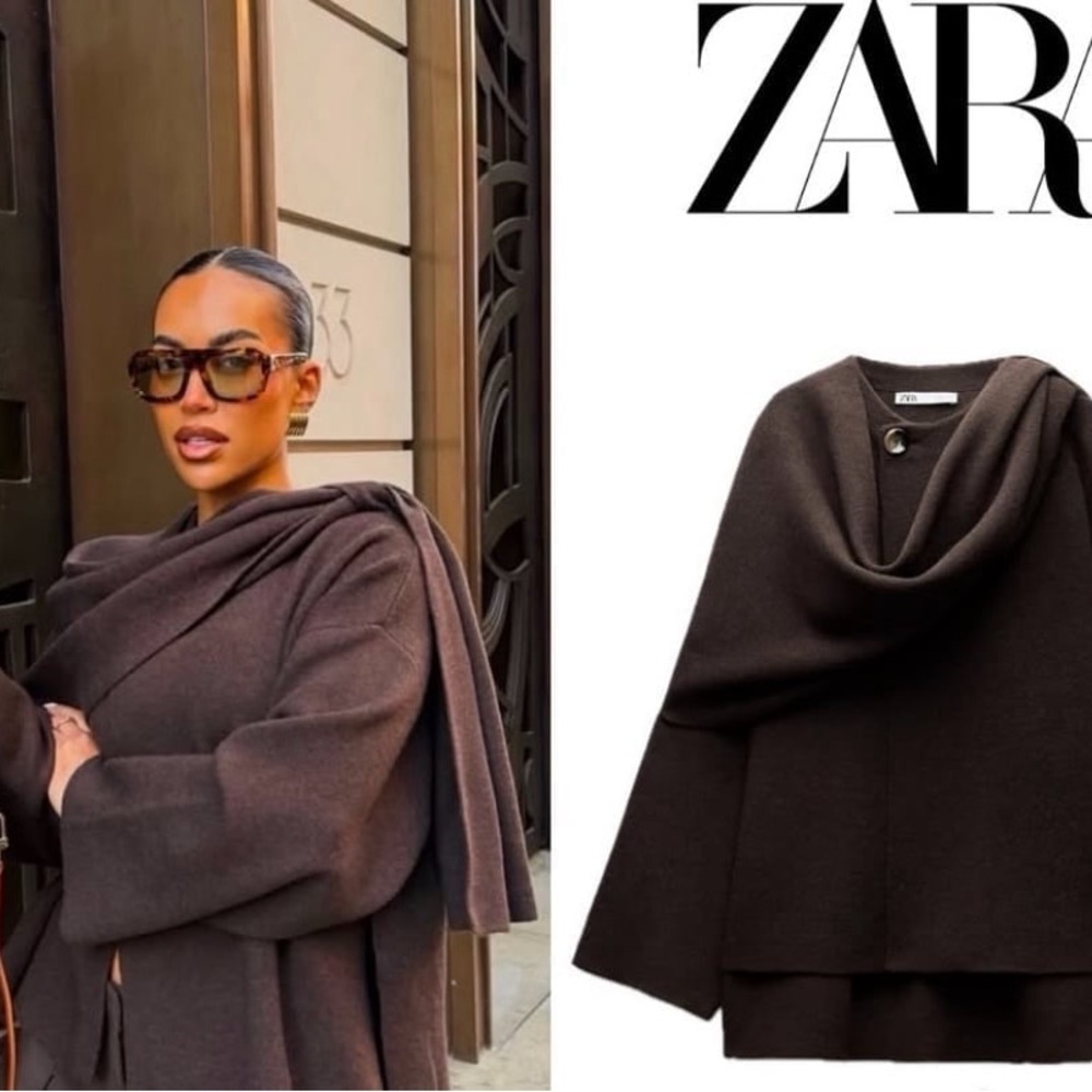 ZARA WOMAN SS25 SHORT KNIT SCARF COAT BROWN SIZE L-XL